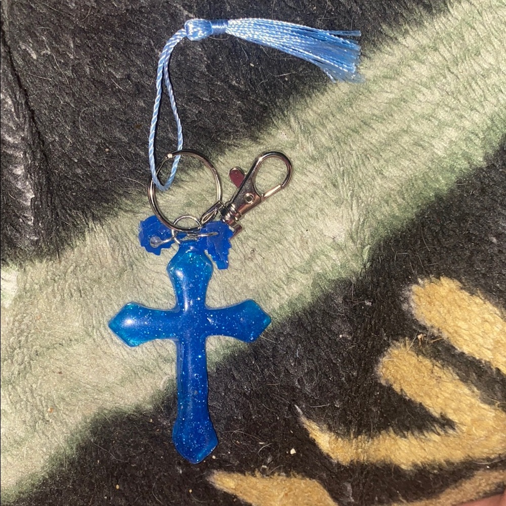 Costom made Blue Glitter Cross Keychain